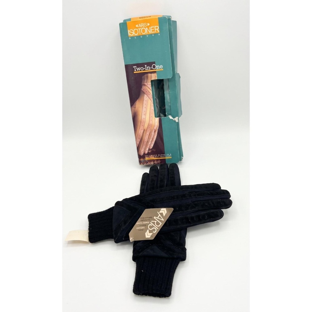 Vintage Aris Isotoner Black Gloves two in one Women Wool 24310 Size Medium NEW